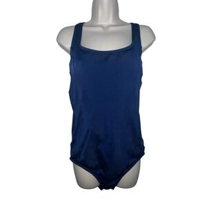 Lands' End Size 14 One Piece Swimsuit Solid‎ Color Square Neck Criss Cross Blue